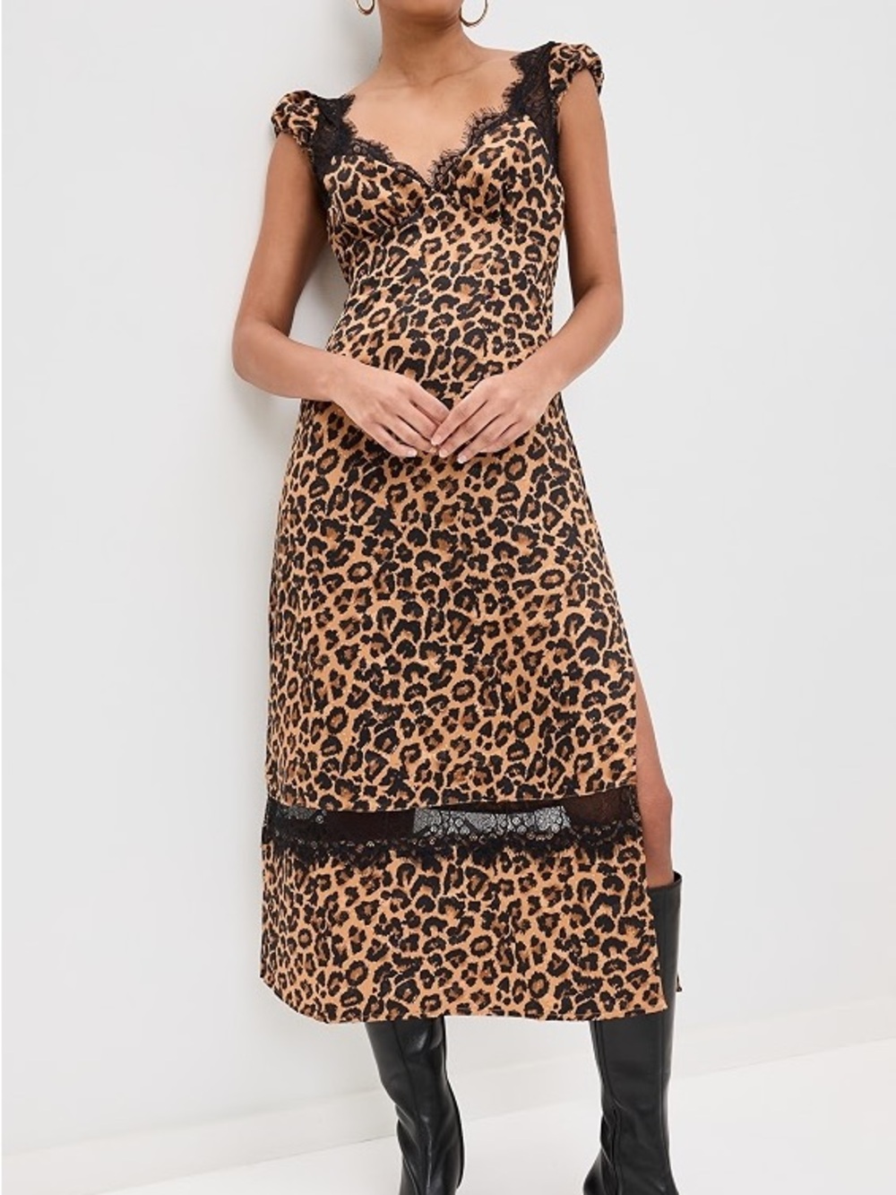 Free People Leopard Slip Midi Dress with Black Lace Trim